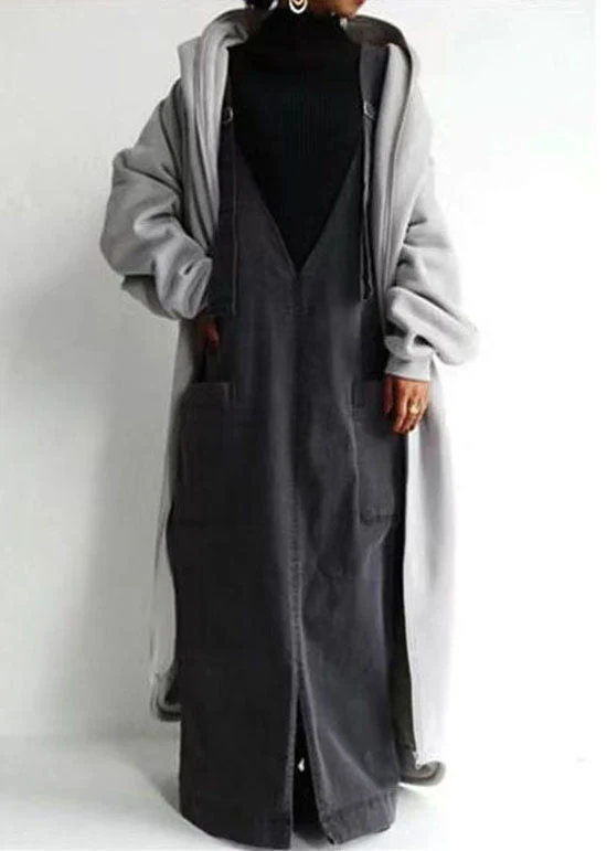 Unique Dark Grey V Neck Pockets Patchwork Denim Carpenter Dress Spring - Image 3