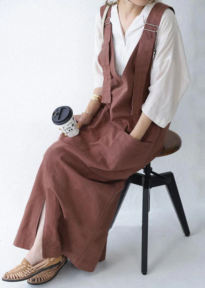 Unique Dark Grey V Neck Pockets Patchwork Denim Carpenter Dress Spring - Image 4