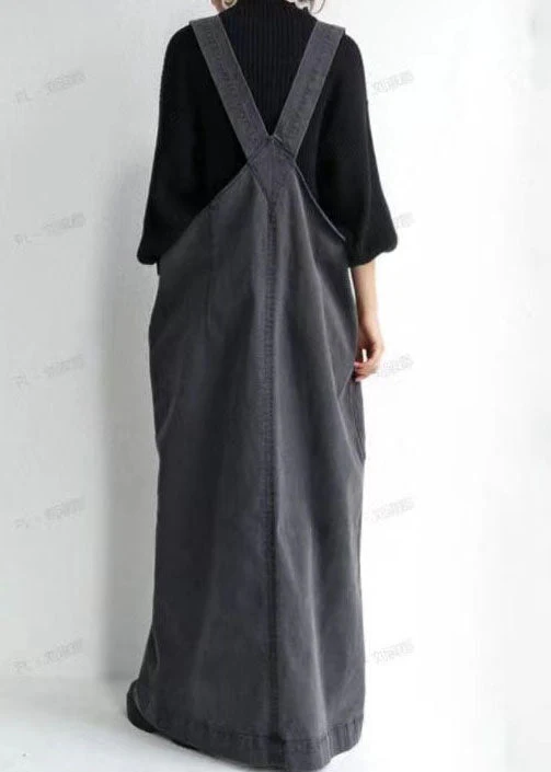 Unique Dark Grey V Neck Pockets Patchwork Denim Carpenter Dress Spring - Image 5