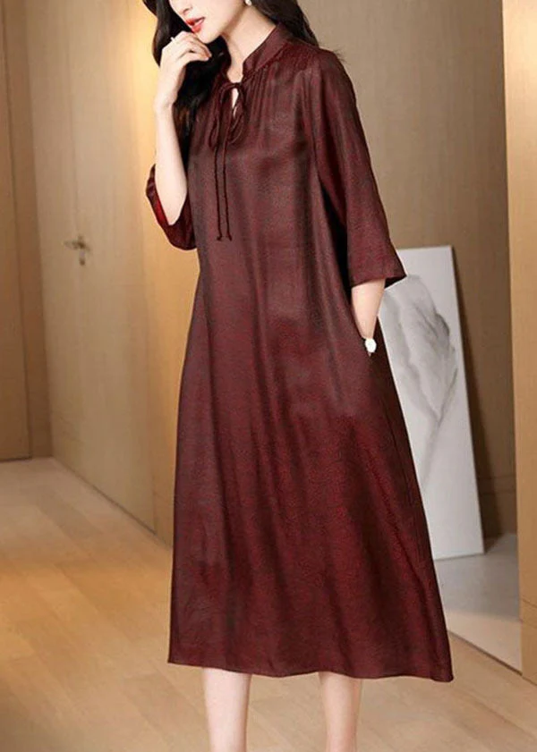 Unique Dark Red Stand Collar Lace Up Pockets Silk Long Dress Bracelet Sleeve - Image 2