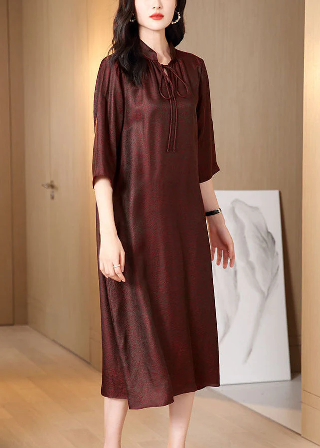 Unique Dark Red Stand Collar Lace Up Pockets Silk Long Dress Bracelet Sleeve - Image 3