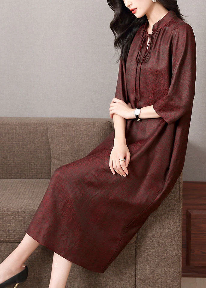 Unique Dark Red Stand Collar Lace Up Pockets Silk Long Dress Bracelet Sleeve - Image 4