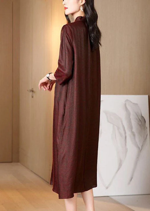 Unique Dark Red Stand Collar Lace Up Pockets Silk Long Dress Bracelet Sleeve - Image 5
