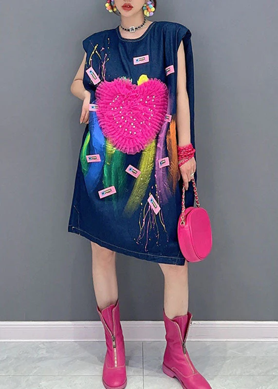 Unique Denim Blue Tulle Love Print Maxi Dress Summer - Image 2