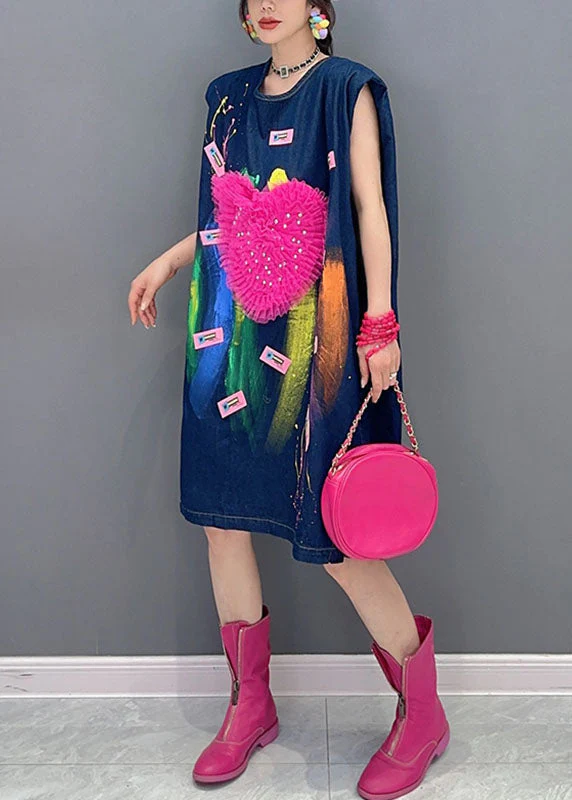 Unique Denim Blue Tulle Love Print Maxi Dress Summer - Image 3