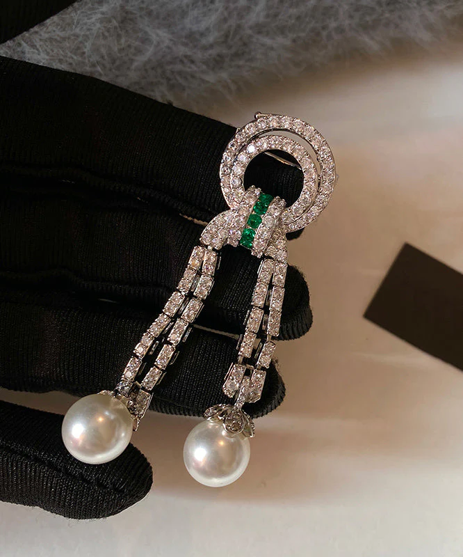 Unique Emerald Gem Stone Zircon Tassel Pearl Broochs - Image 4