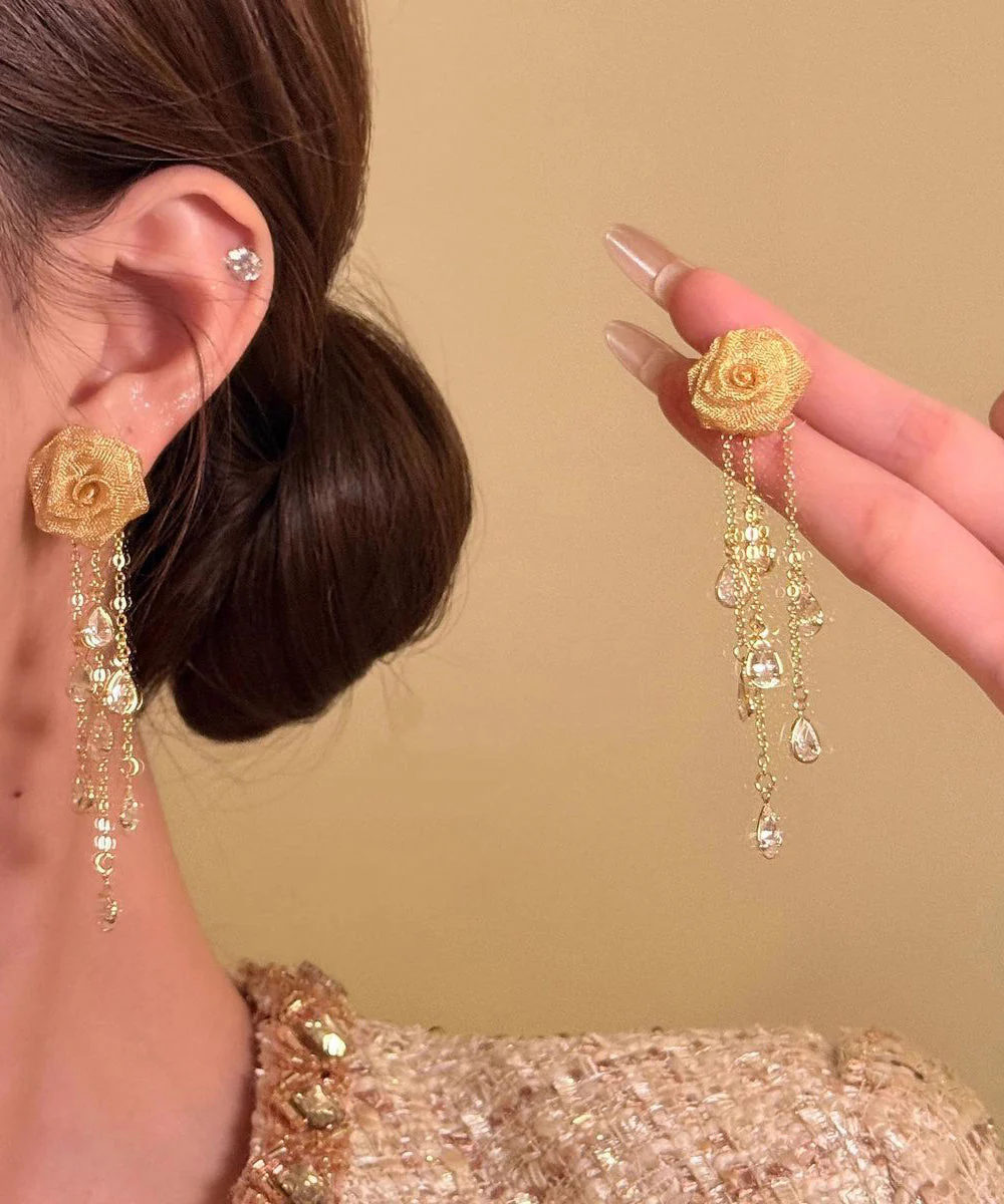 Unique Gold Copper Overgild Rose Tassel Drop Earrings - Image 3
