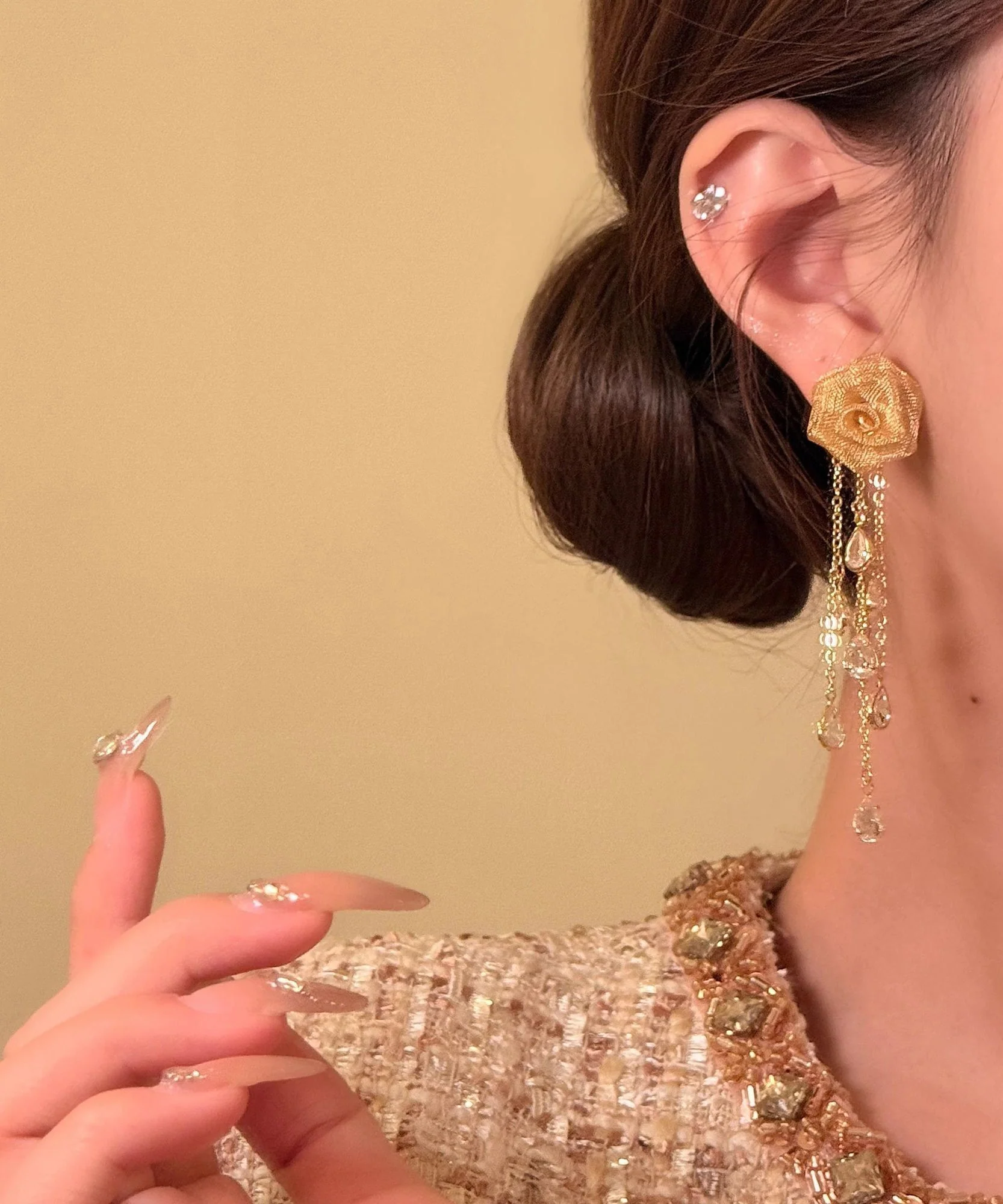 Unique Gold Copper Overgild Rose Tassel Drop Earrings - Image 4