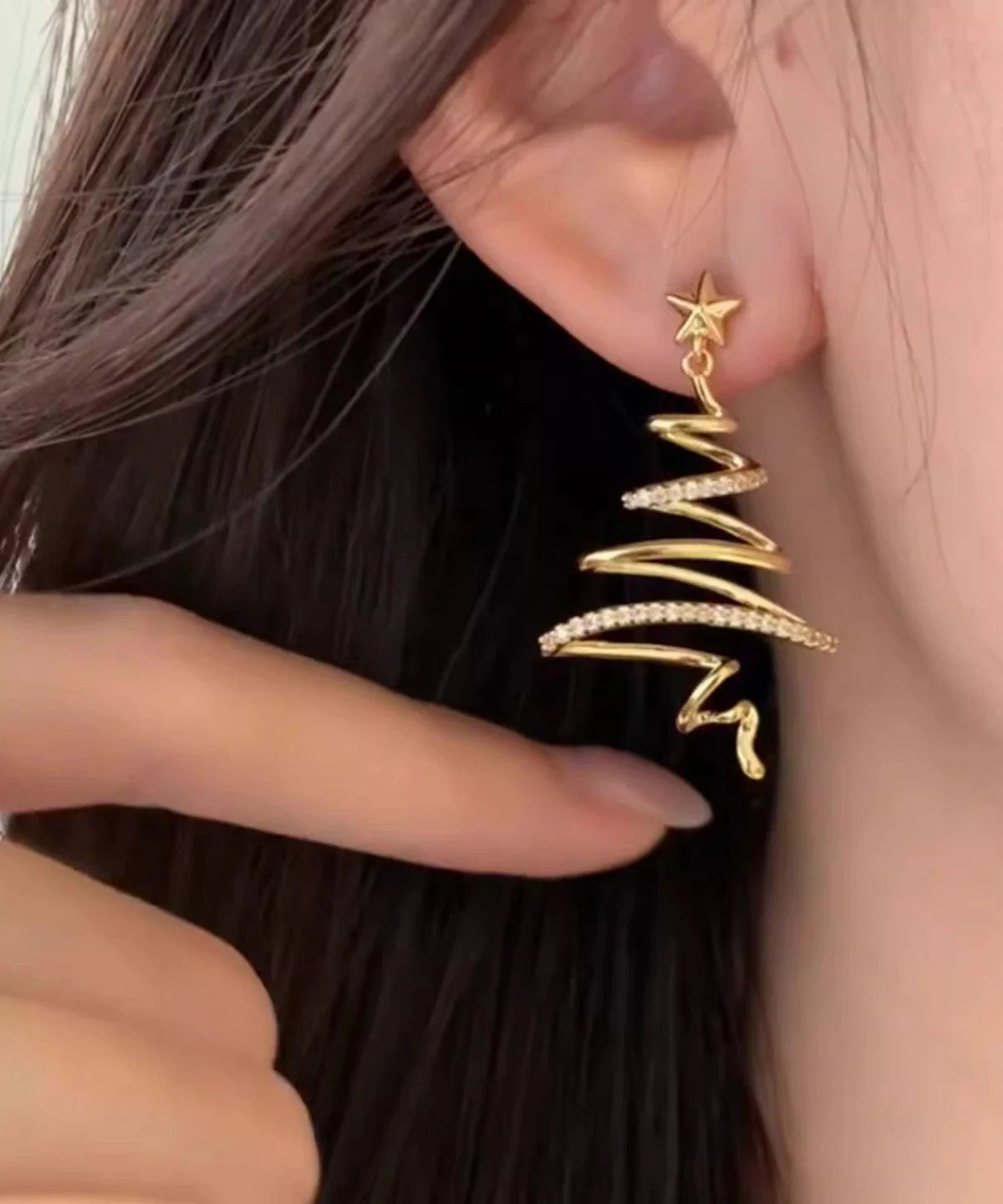 Unique Gold Copper Overgild Zircon Christmas Tree Asymmetrical Line Hoop Earrings - Image 3