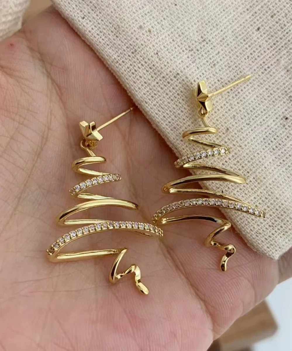 Unique Gold Copper Overgild Zircon Christmas Tree Asymmetrical Line Hoop Earrings - Image 4