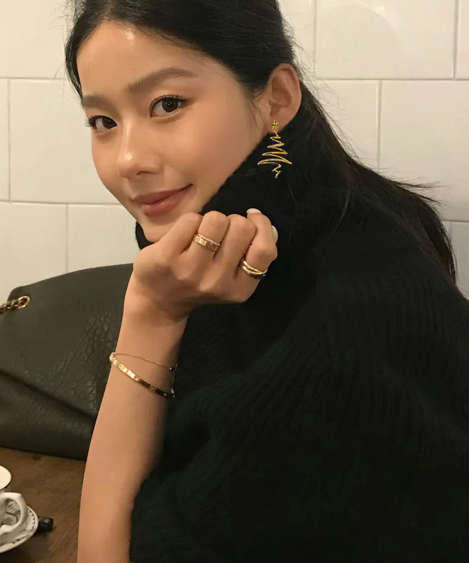 Unique Gold Copper Overgild Zircon Christmas Tree Asymmetrical Line Hoop Earrings - Image 5