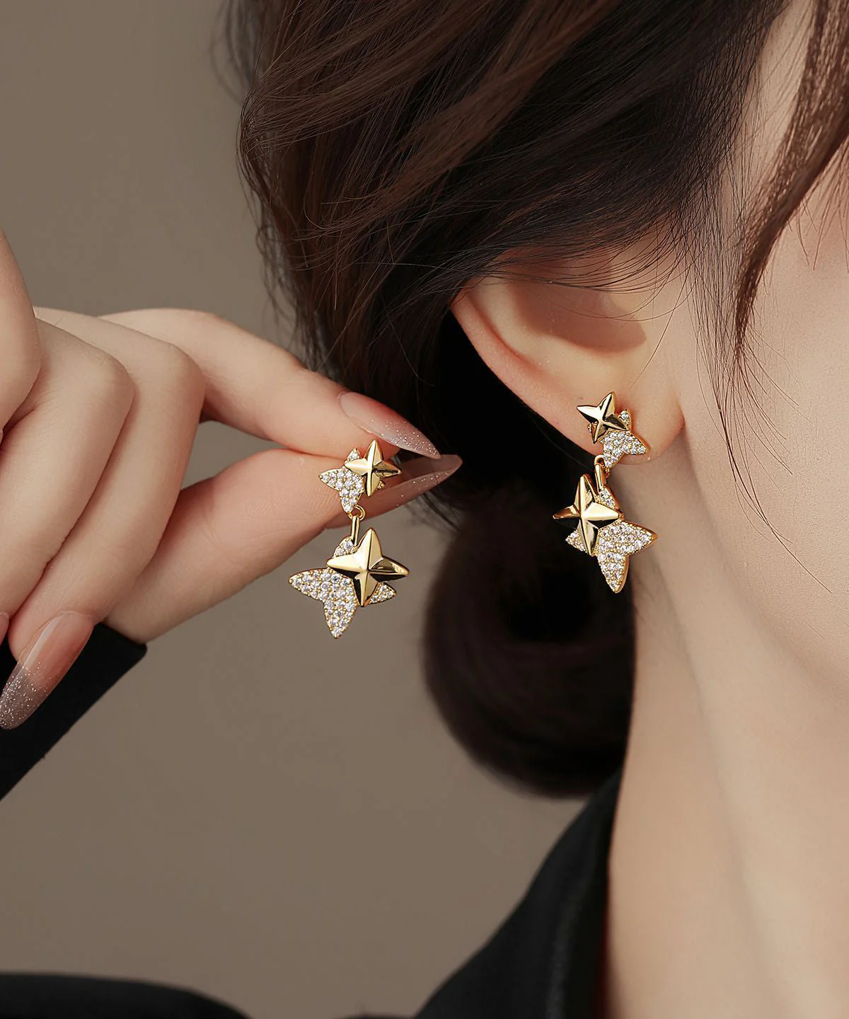 Unique Gold Copper Zircon Star Drop Earrings - Image 2