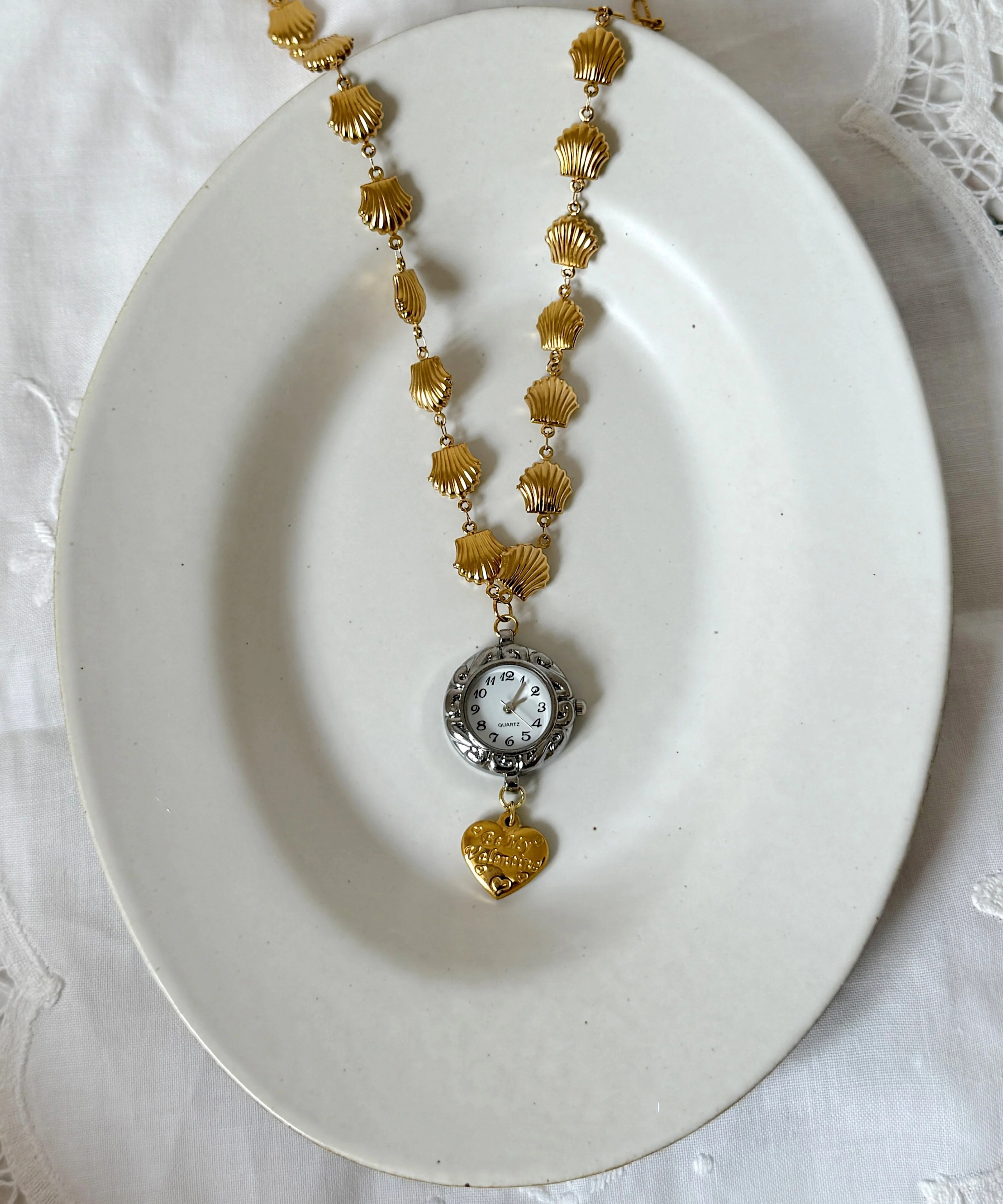 Unique Gold Stainless Steel Alloy Shell Clock Love Pendant Necklace - Image 2