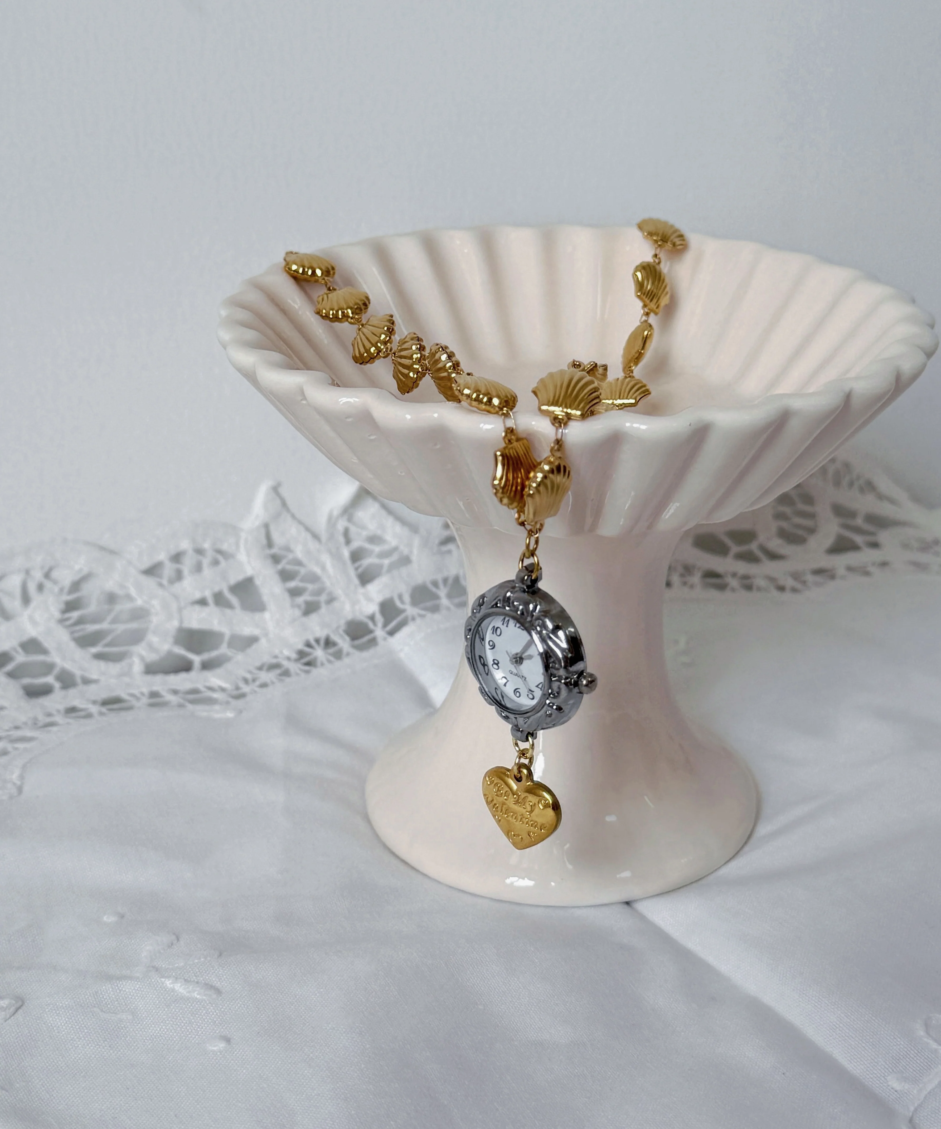 Unique Gold Stainless Steel Alloy Shell Clock Love Pendant Necklace - Image 4