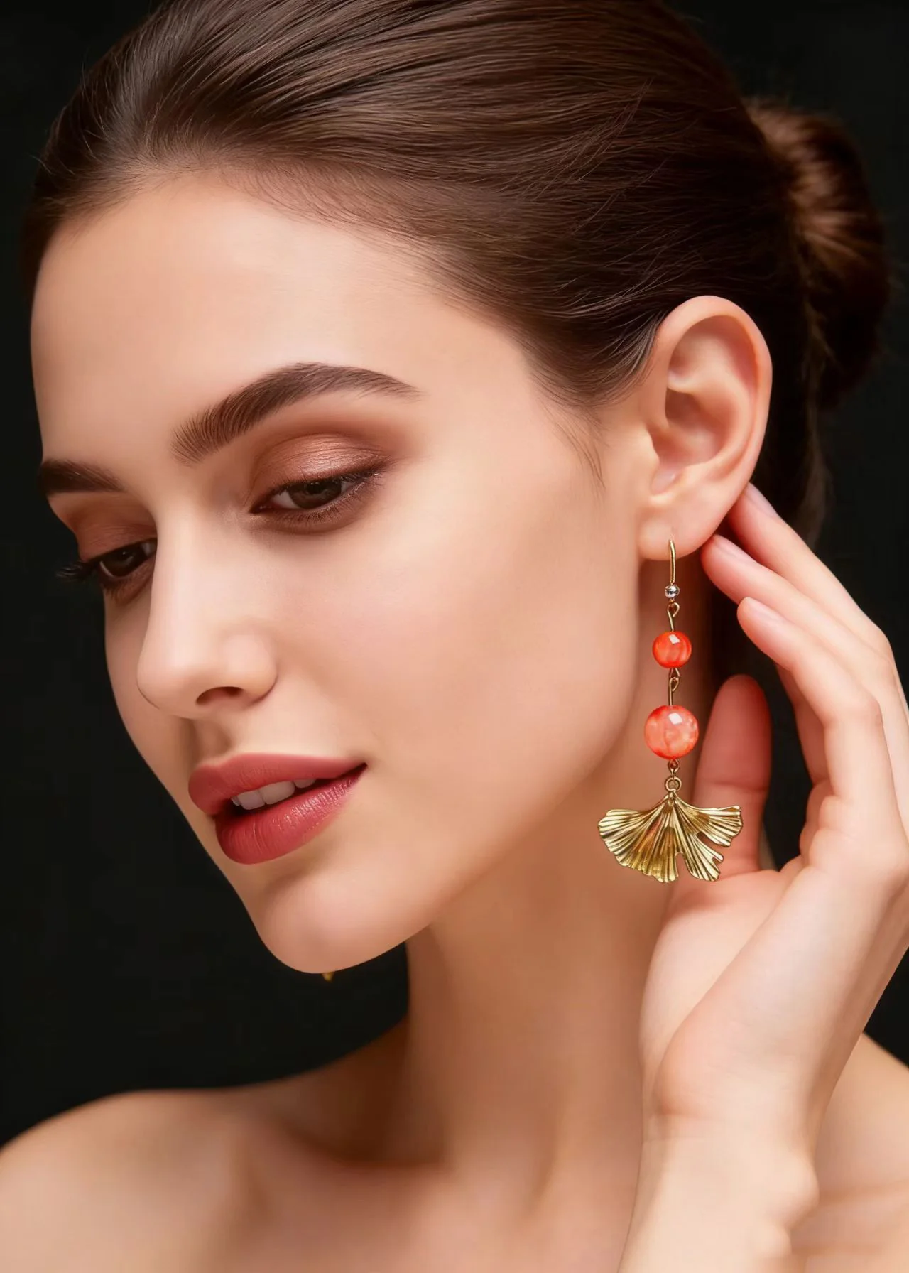 Unique Golden Ginkgo Leaf Drop Earrings - Image 3