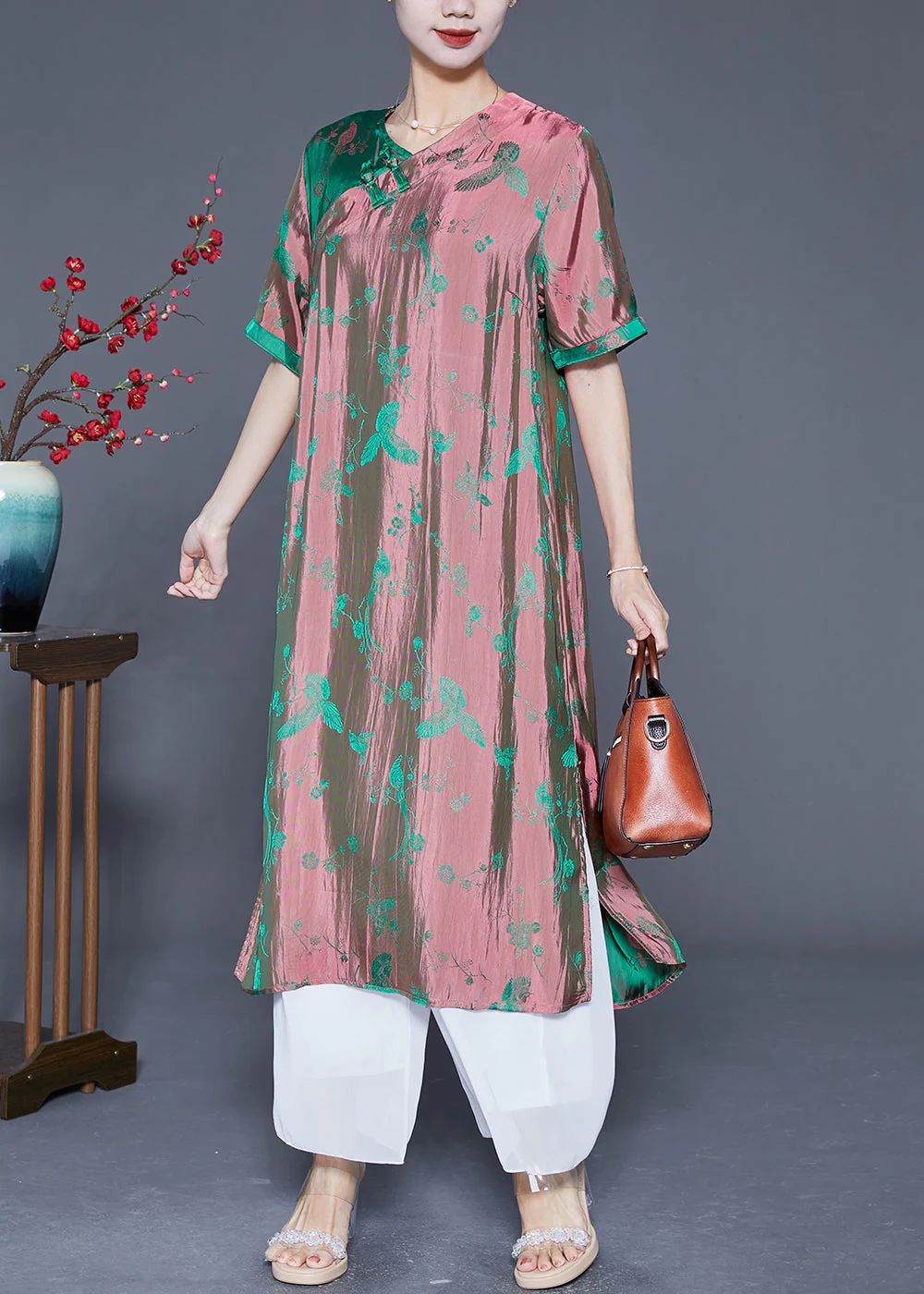 Unique Gradient Color Chinese Button Jacquard Silk Long Dress Summer - Image 2