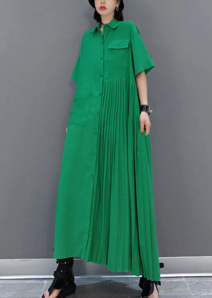 Unique Green Asymmetrical wrinkled pocket shirt Dress Spring - Image 3
