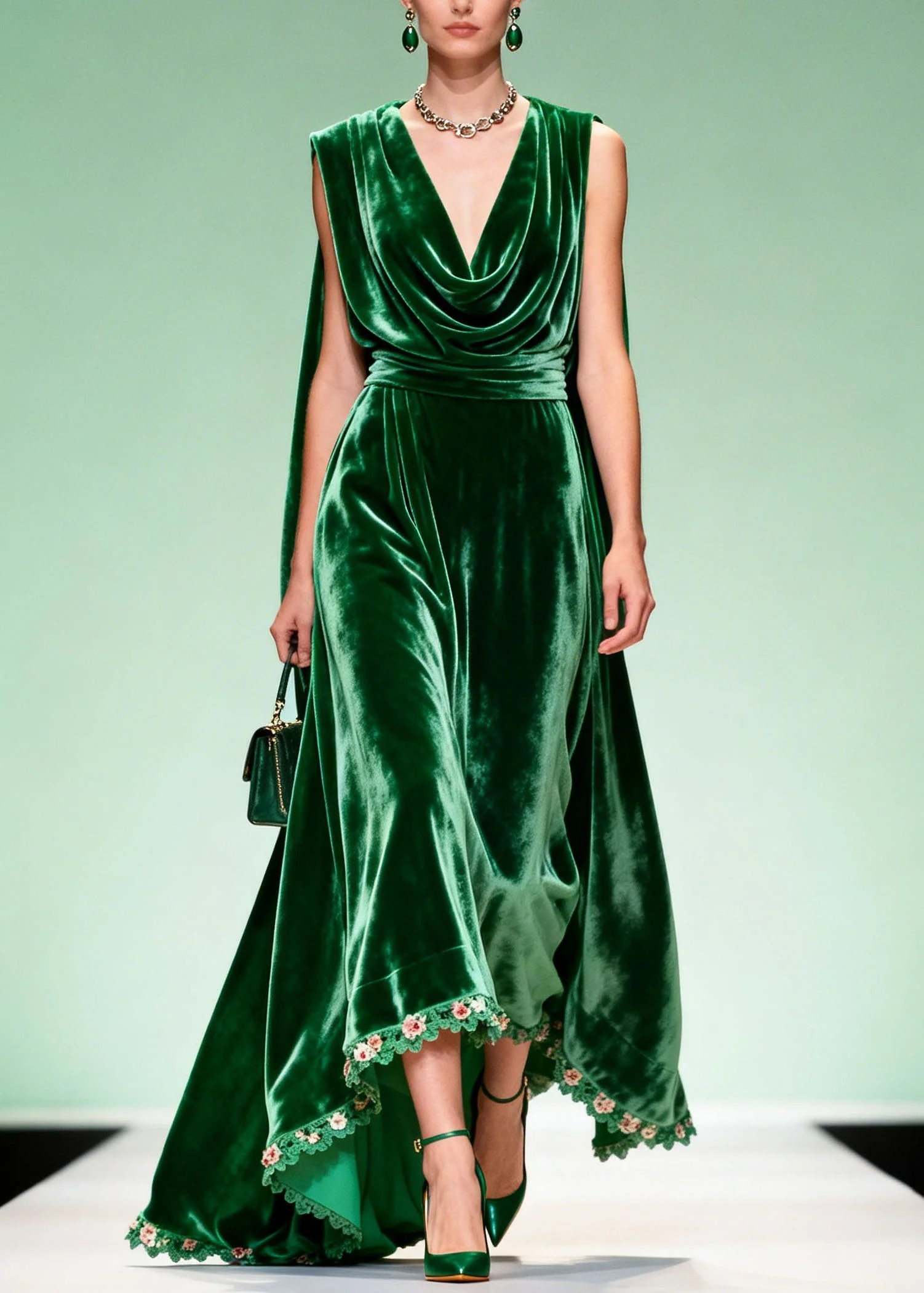 Unique Green Draped Neckline Floral Patchwork Velvet Dress Sleeveless - Image 3
