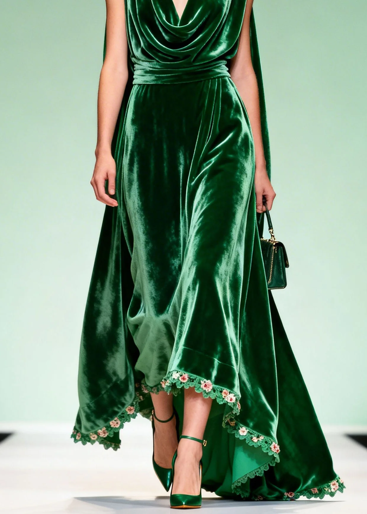 Unique Green Draped Neckline Floral Patchwork Velvet Dress Sleeveless - Image 4
