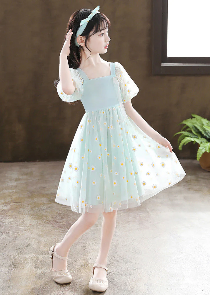 Unique Green Embroideried Floral Patchwork Wrinkled Tulle Girls Mid Dress Summer - Image 2