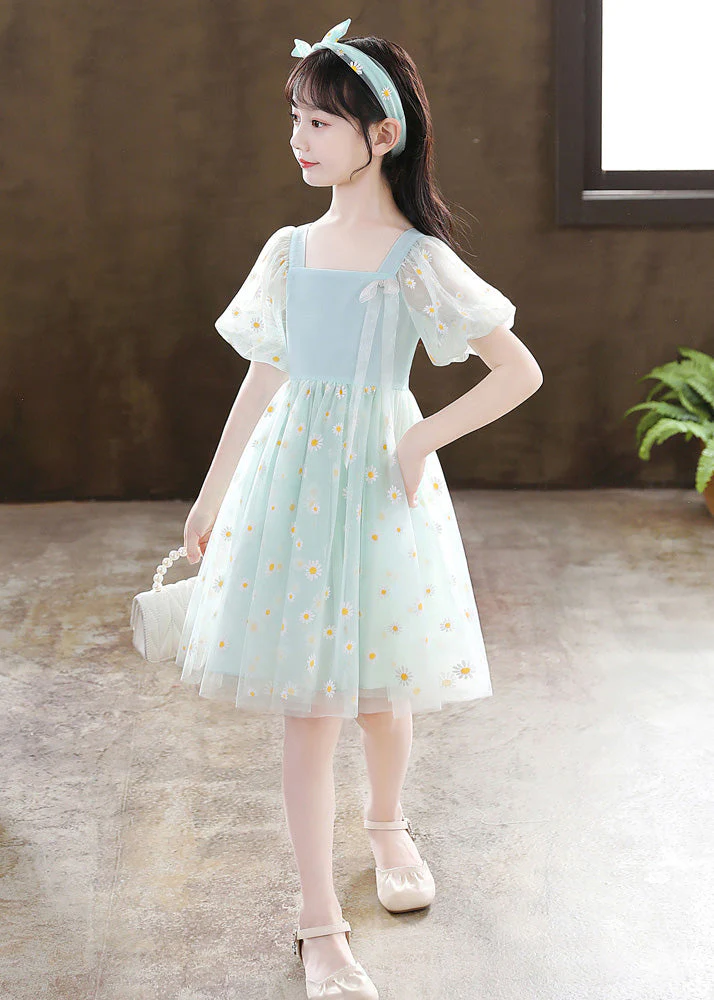 Unique Green Embroideried Floral Patchwork Wrinkled Tulle Girls Mid Dress Summer - Image 3