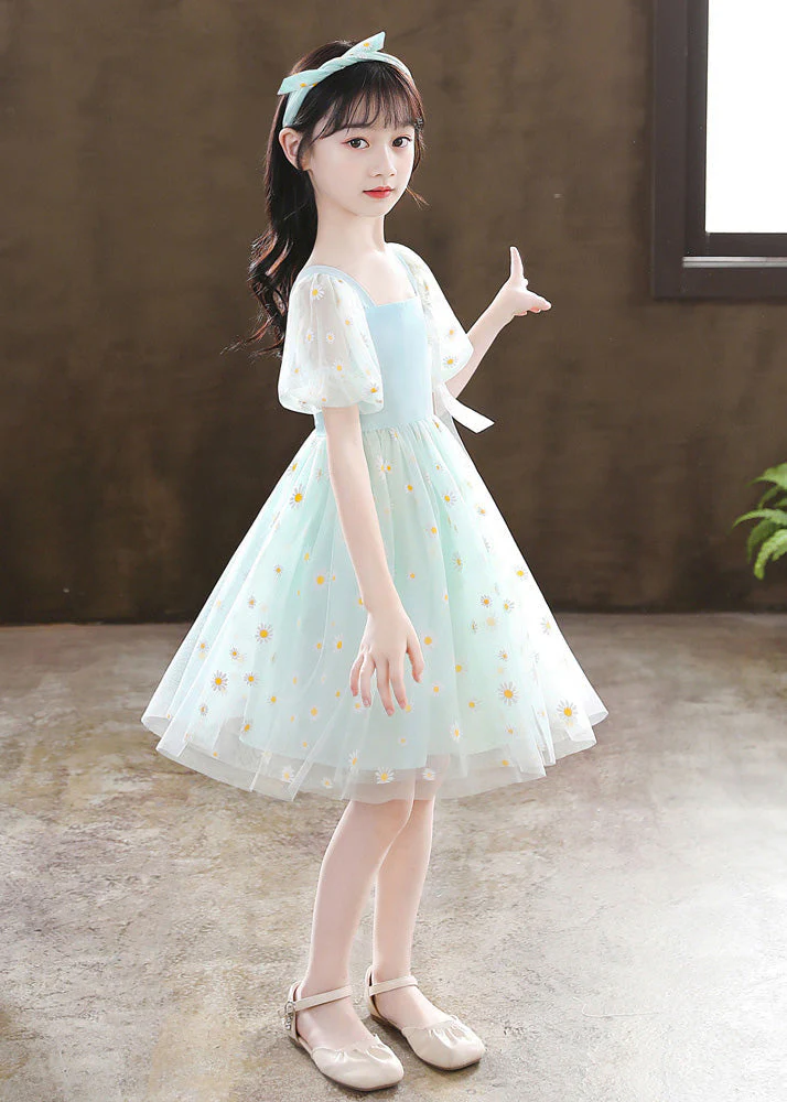 Unique Green Embroideried Floral Patchwork Wrinkled Tulle Girls Mid Dress Summer - Image 4