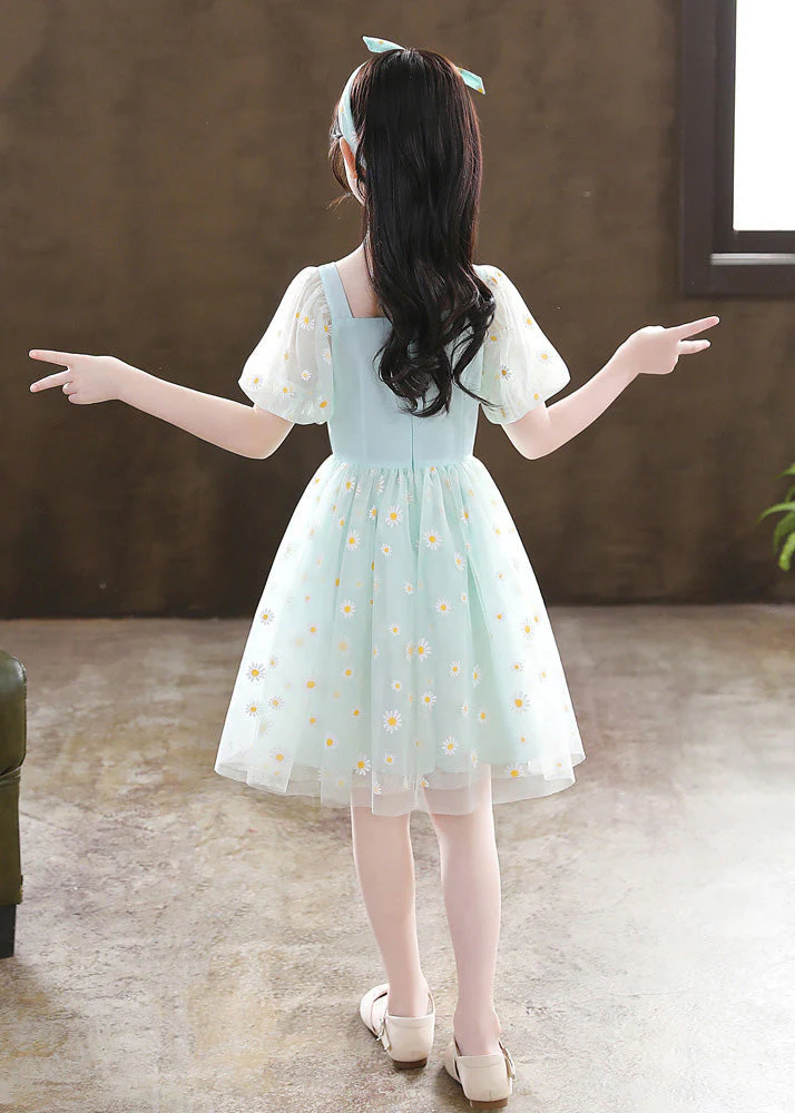 Unique Green Embroideried Floral Patchwork Wrinkled Tulle Girls Mid Dress Summer - Image 5