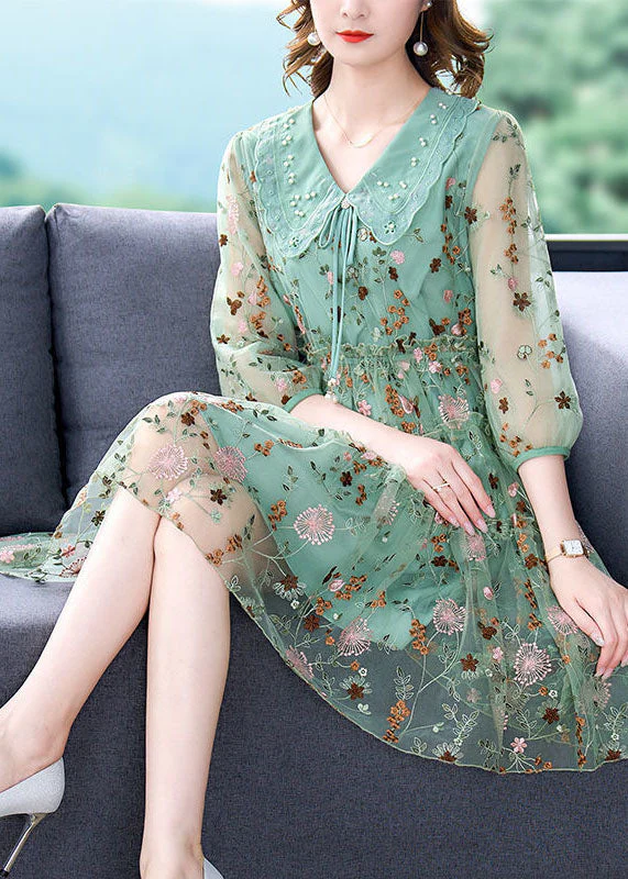 Unique Green Embroideried Ruffled Hollow Out Organza Cinch Dress Bracelet Sleeve - Image 2