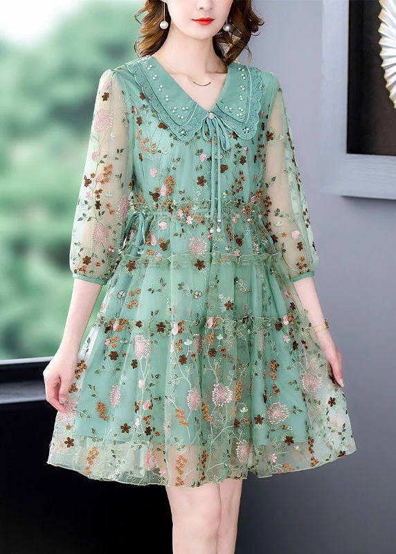 Unique Green Embroideried Ruffled Hollow Out Organza Cinch Dress Bracelet Sleeve - Image 3