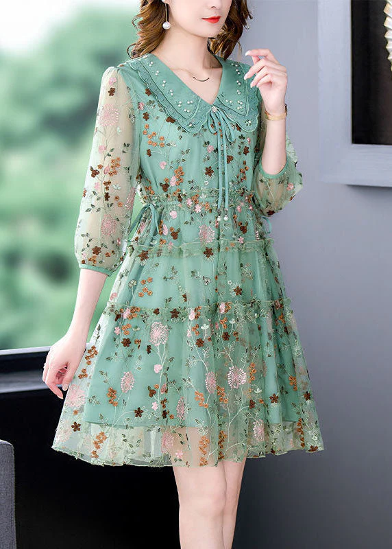Unique Green Embroideried Ruffled Hollow Out Organza Cinch Dress Bracelet Sleeve - Image 4