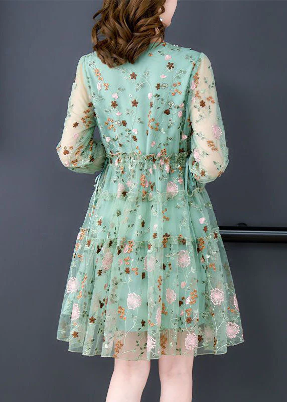 Unique Green Embroideried Ruffled Hollow Out Organza Cinch Dress Bracelet Sleeve - Image 5