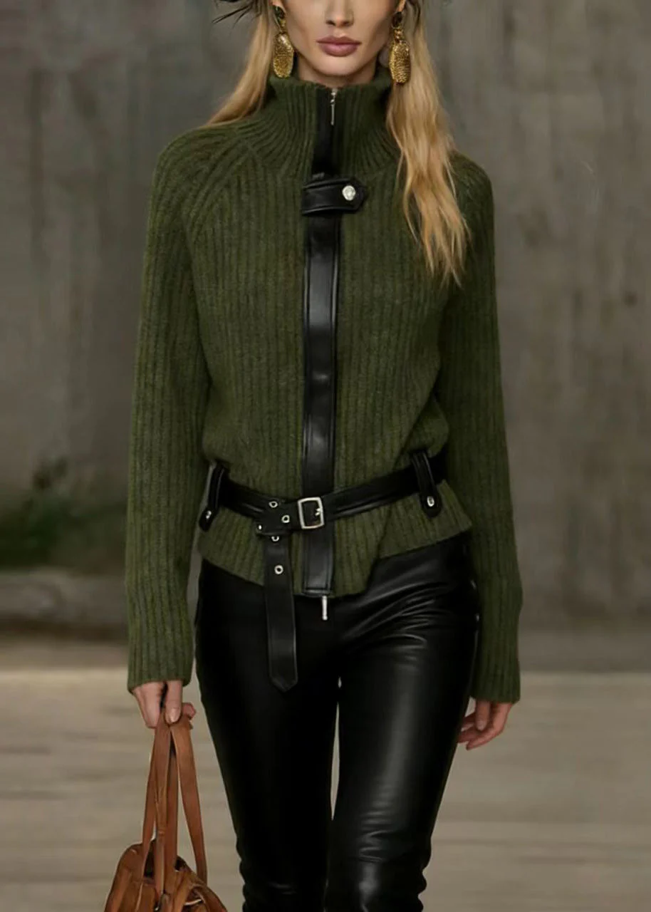 Unique Green Hign Neck Patchwork Knit Sweater Top Spring - Image 3