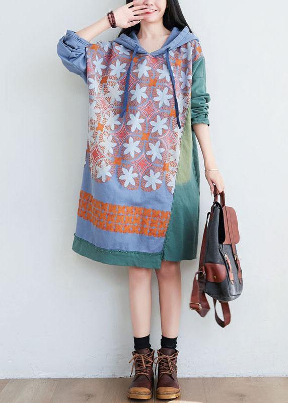 Unique Green Hooded Asymmetrical Design Patchwork Print Fall Pullover Dress - Image 2