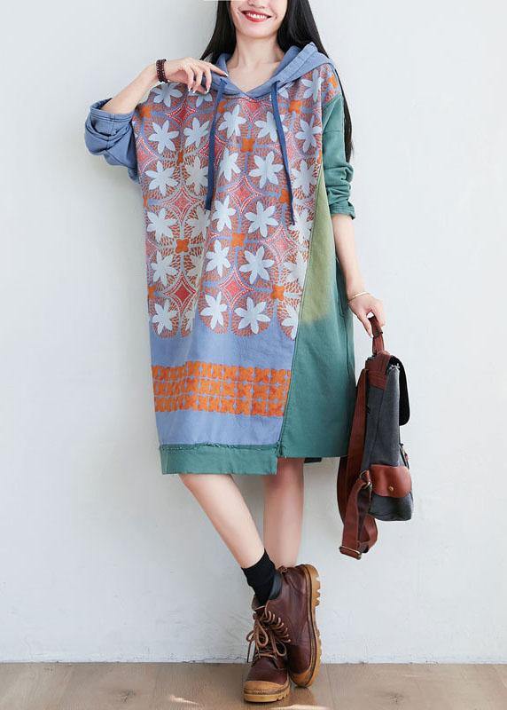 Unique Green Hooded Asymmetrical Design Patchwork Print Fall Pullover Dress - Image 3