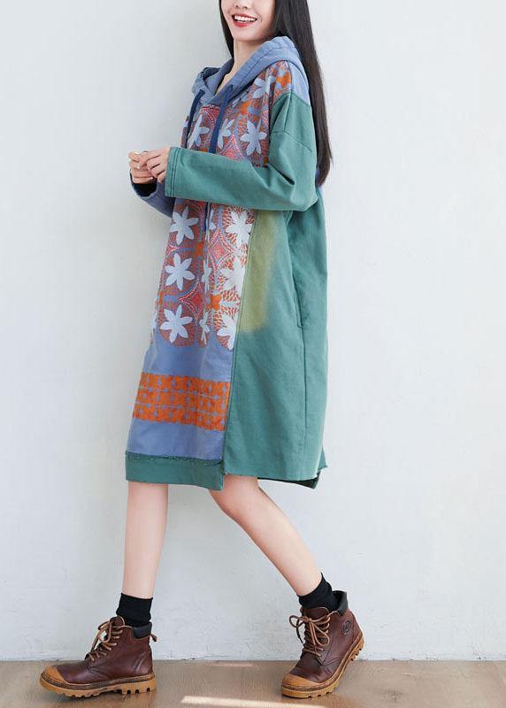Unique Green Hooded Asymmetrical Design Patchwork Print Fall Pullover Dress - Image 4