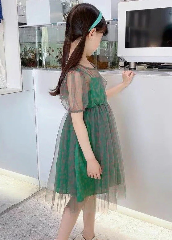 Unique Green O-Neck Dot Patchwork Tulle Girls Long Dress Summer - Image 3