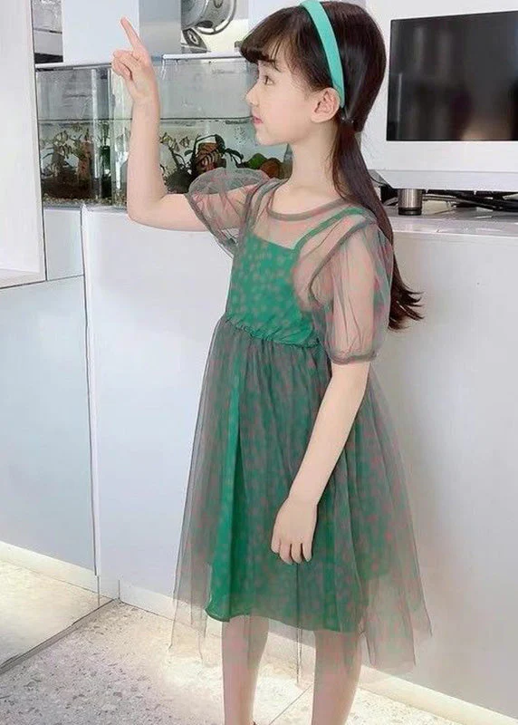 Unique Green O-Neck Dot Patchwork Tulle Girls Long Dress Summer - Image 4
