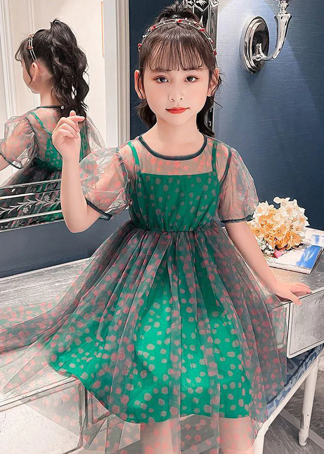 Unique Green O-Neck Dot Patchwork Tulle Girls Long Dress Summer - Image 5