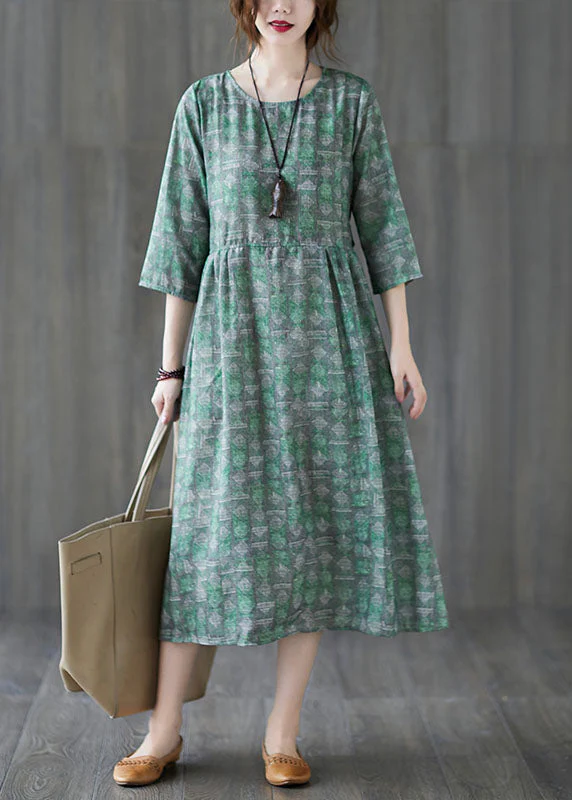 Unique Green O-Neck Patchwork Print Fall Maxi Dresses Half Sleeve - Image 2