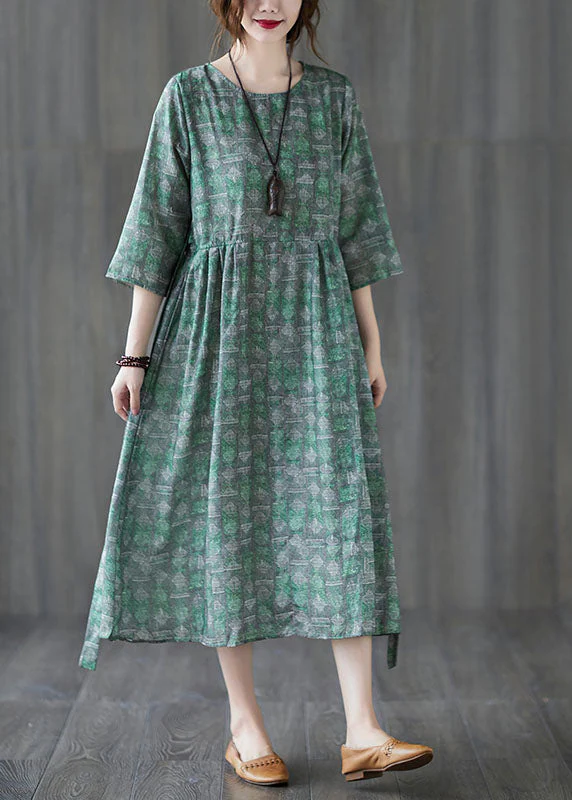 Unique Green O-Neck Patchwork Print Fall Maxi Dresses Half Sleeve - Image 3