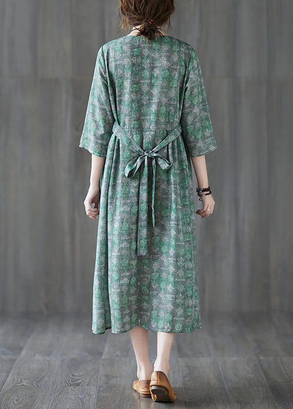Unique Green O-Neck Patchwork Print Fall Maxi Dresses Half Sleeve - Image 4