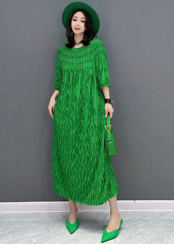 Unique Green O-Neck Wrinkled Silk Dresses Half Sleeve - Image 2