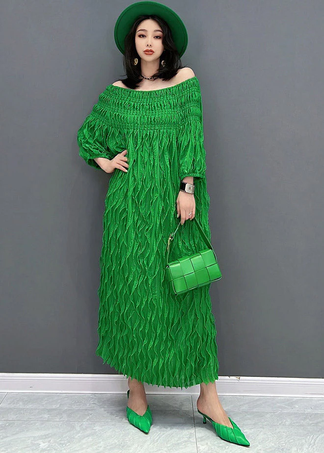 Unique Green O-Neck Wrinkled Silk Dresses Half Sleeve - Image 3