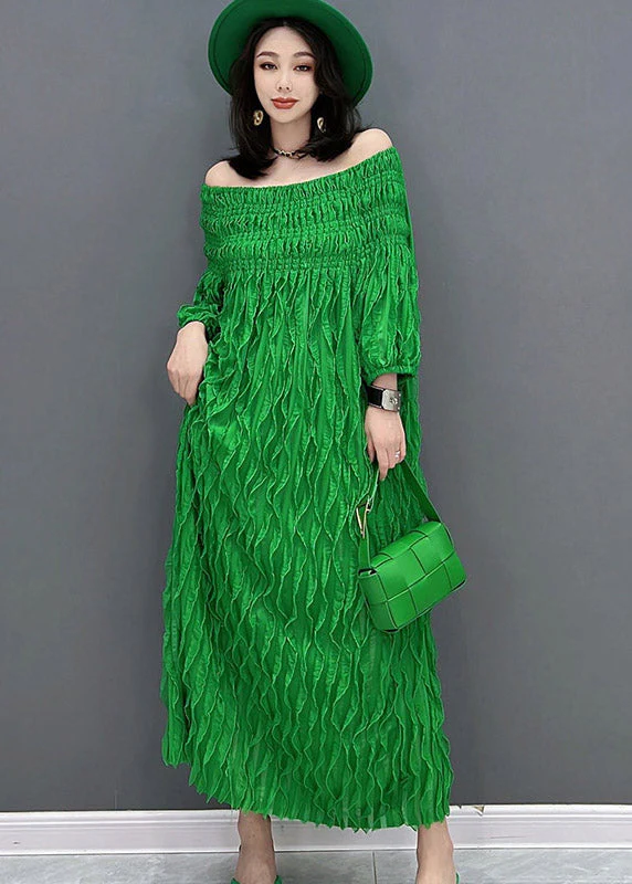 Unique Green O-Neck Wrinkled Silk Dresses Half Sleeve - Image 4