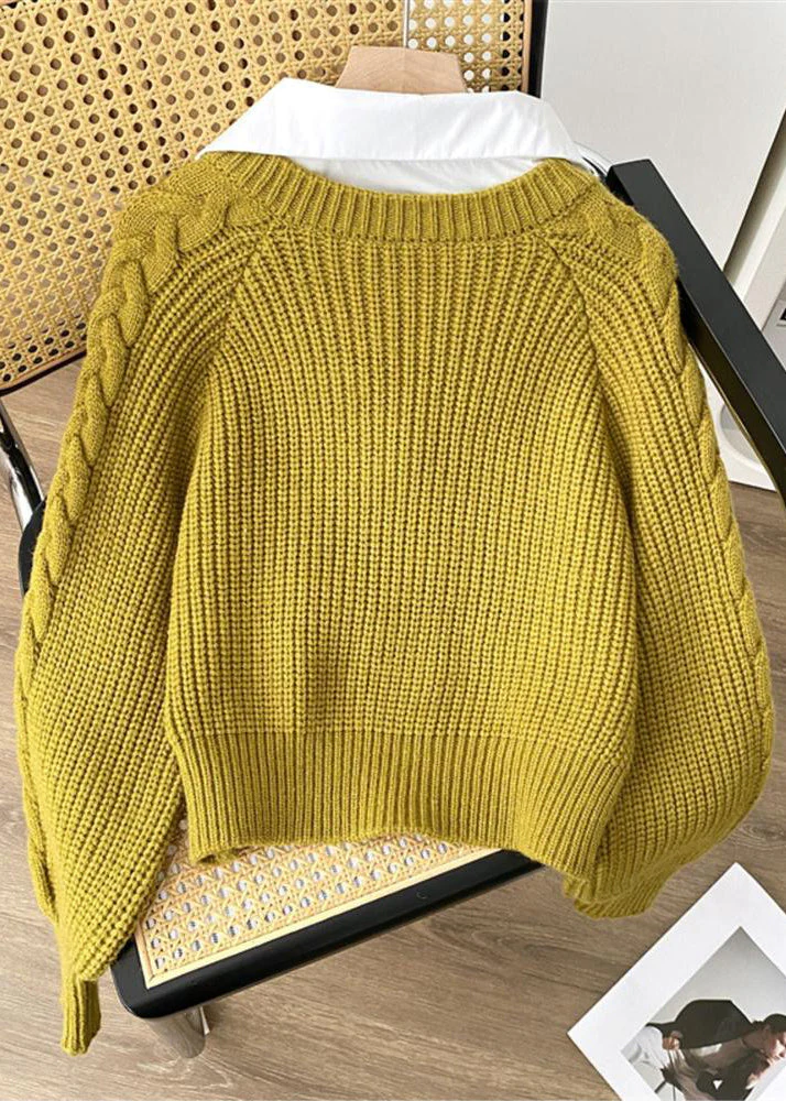 Unique Green Peter Pan Collar False Two Pieces Knit Top Spring - Image 2