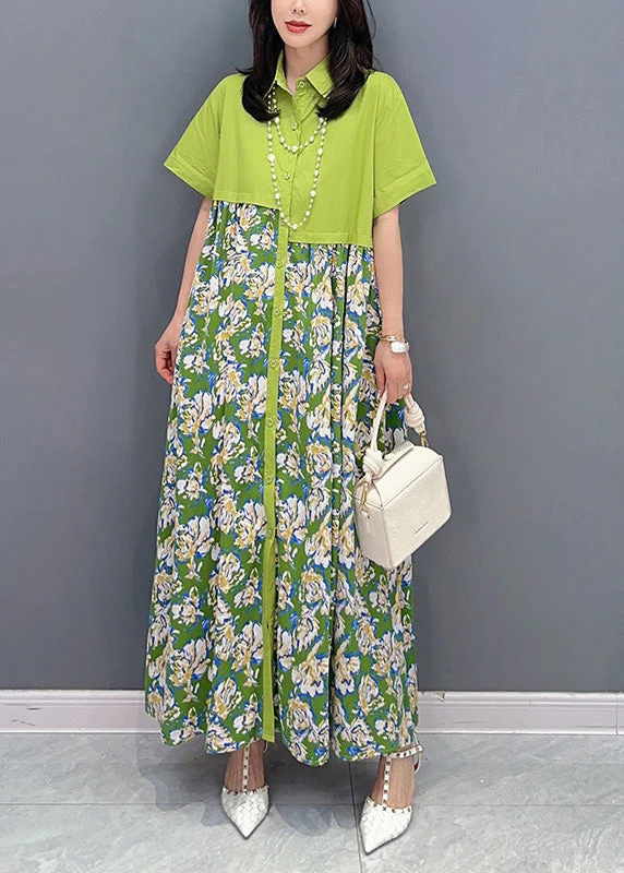 Unique Green Peter Pan Collar Patchwork Long Shirts Dress Summer - Image 2