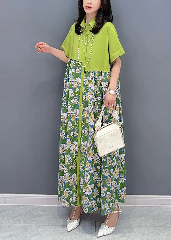 Unique Green Peter Pan Collar Patchwork Long Shirts Dress Summer - Image 4