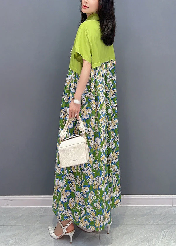 Unique Green Peter Pan Collar Patchwork Long Shirts Dress Summer - Image 5