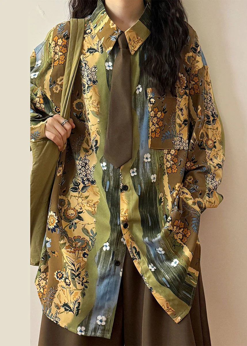 Unique Green Peter Pan Collar Print Button Blouses Spring - Image 3