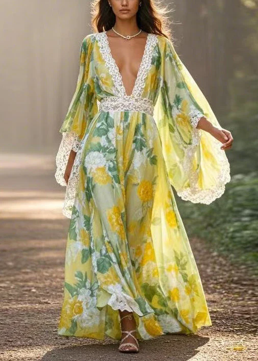Unique Green Print High Waist Patchwork Chiffon Long Dresses Spring - Image 3